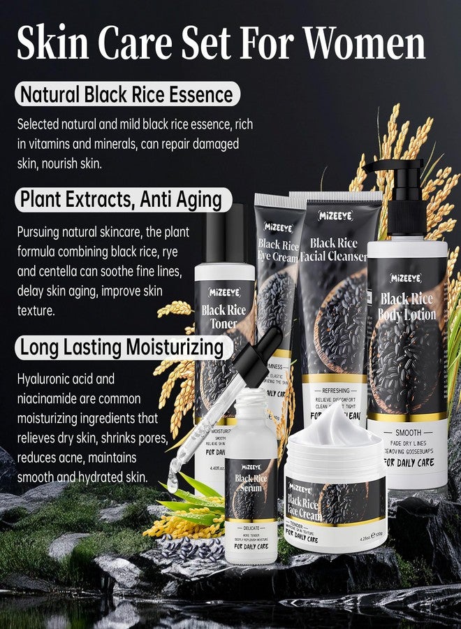 MIZEEYE Natural Black Rice Skin Care Routine Set For Women, Anti Aging Face Kit With Face Wash, Toner, Serum, Body Lotion, Cream, Eye Cream, 6 PCS Skin Care Gift Set For All Skin Types, Acne, Fine Lines - Image 2